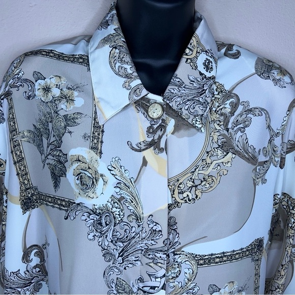 SIZE 12 VINTAGE CRICKET LANE LONG SLEEVE BLOUSE BEIGE JACQUARD FLORAL FILIGREE - Picture 3 of 9